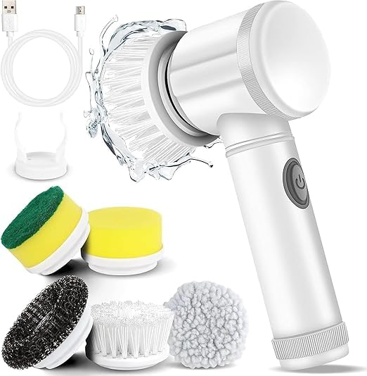 Rechargeable Multi-Purpose Scrubber for Tiles/Floor/Bath Tub/Kitchen/Sink with 5 Rotating Brush Heads