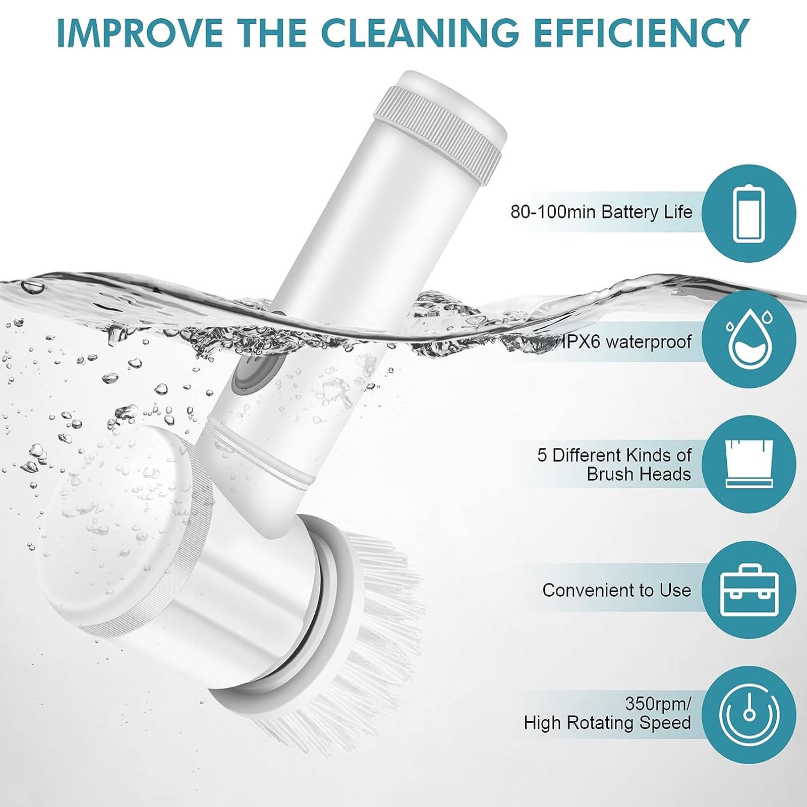 Rechargeable Multi-Purpose Scrubber for Tiles/Floor/Bath Tub/Kitchen/Sink with 5 Rotating Brush Heads