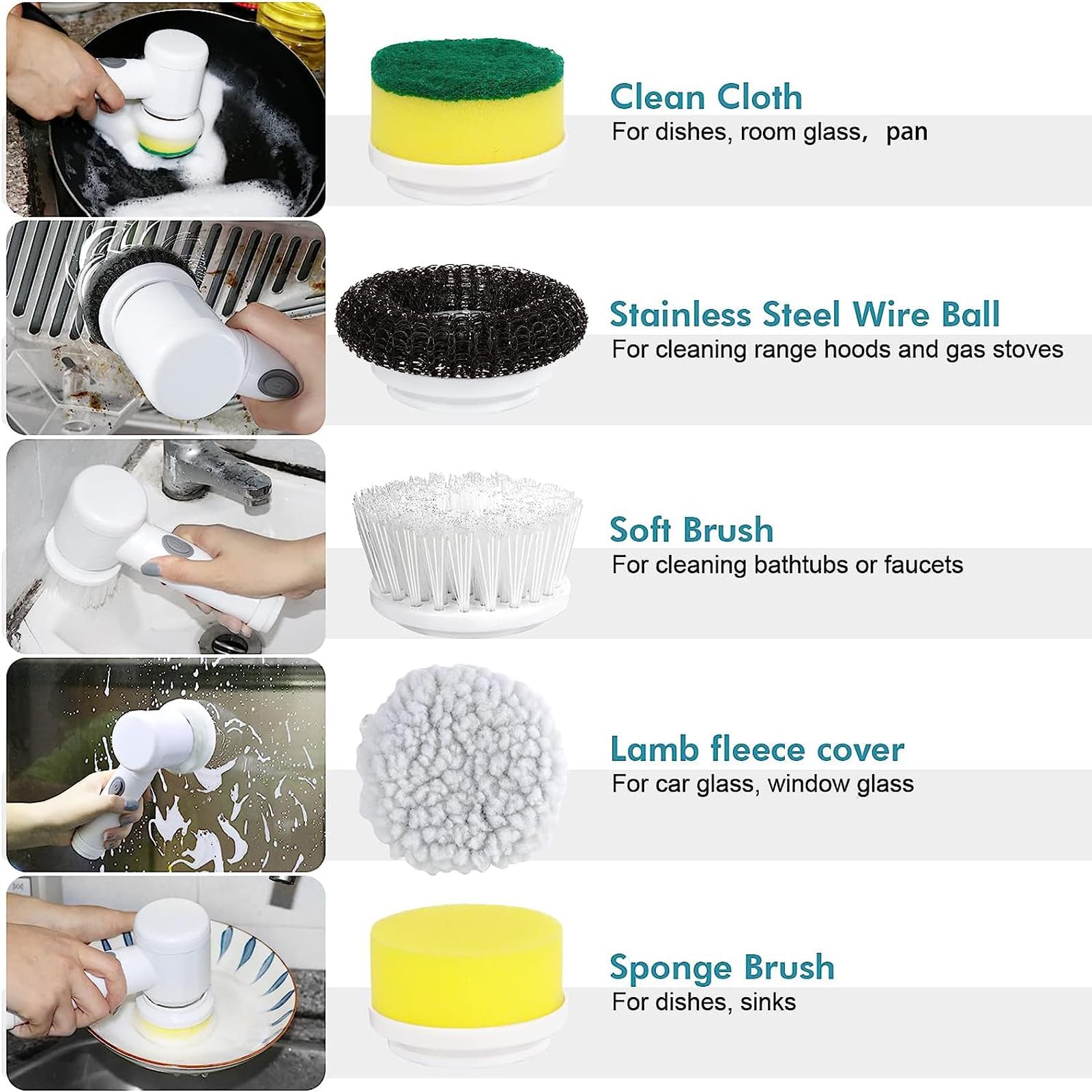 Rechargeable Multi-Purpose Scrubber for Tiles/Floor/Bath Tub/Kitchen/Sink with 5 Rotating Brush Heads